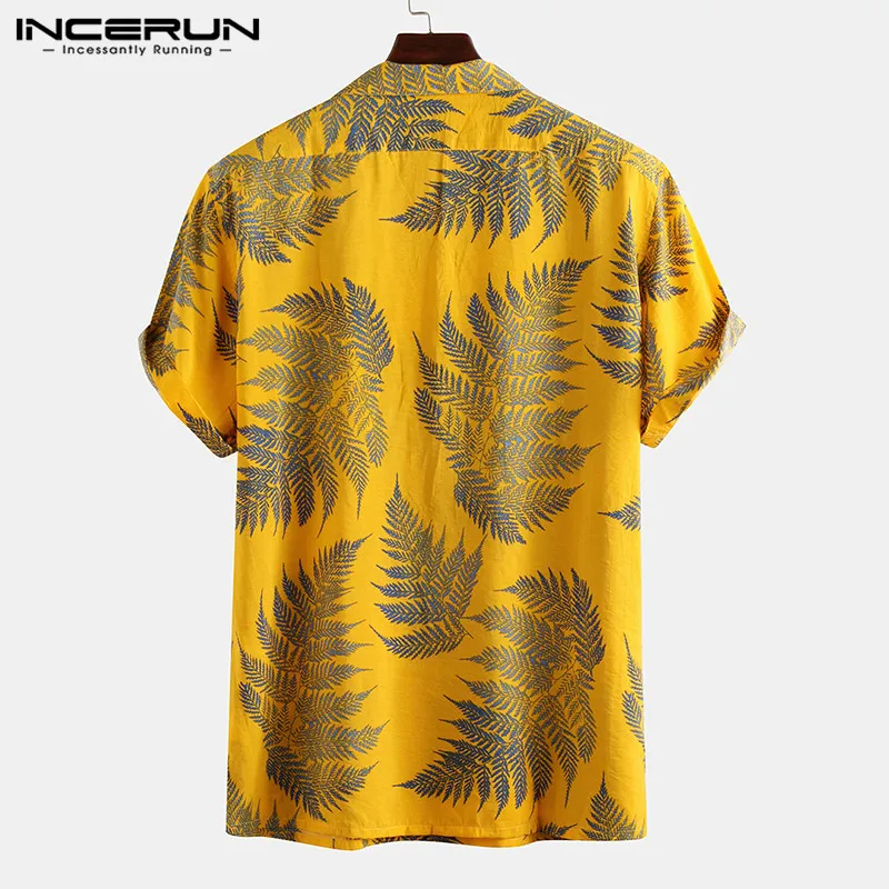 INCERUN Hommes Manches Courtes Revers Imprimé Chemise Motif Du Cuir oral elu Tropical Floral Chemise Décontractée D\'été Hawaïenne Vacances Camisa