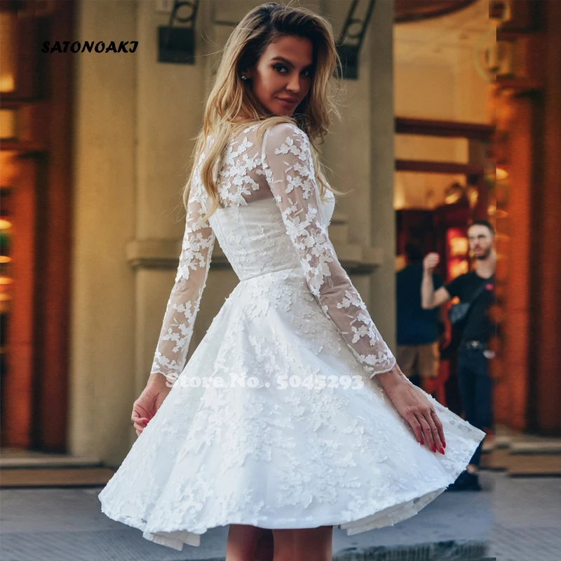 فساتين زفاف قصيرة بيضاء كم طويل طول الركبة دانتيل زينة a-line فستان زفاف رداء De Mariée Vestido Novia Sukienki