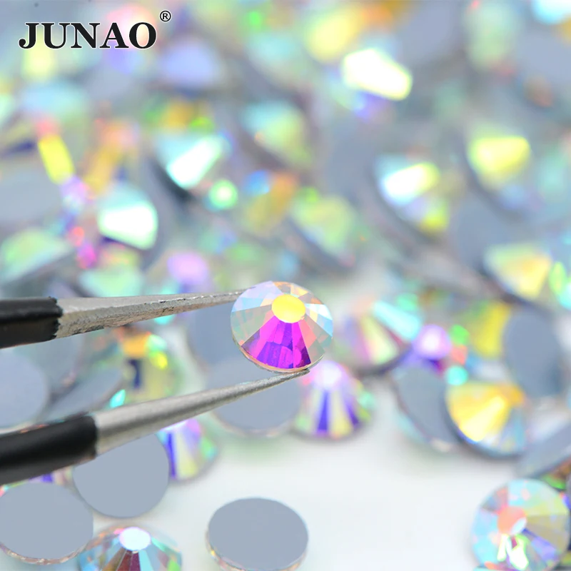 JUNAO SS 6 10 16 20 30 Wholesale AB Crystals Hot Fix Glass Rhinestone Flatback Iron On Strass In Bulk Hotfix Crystal Stones