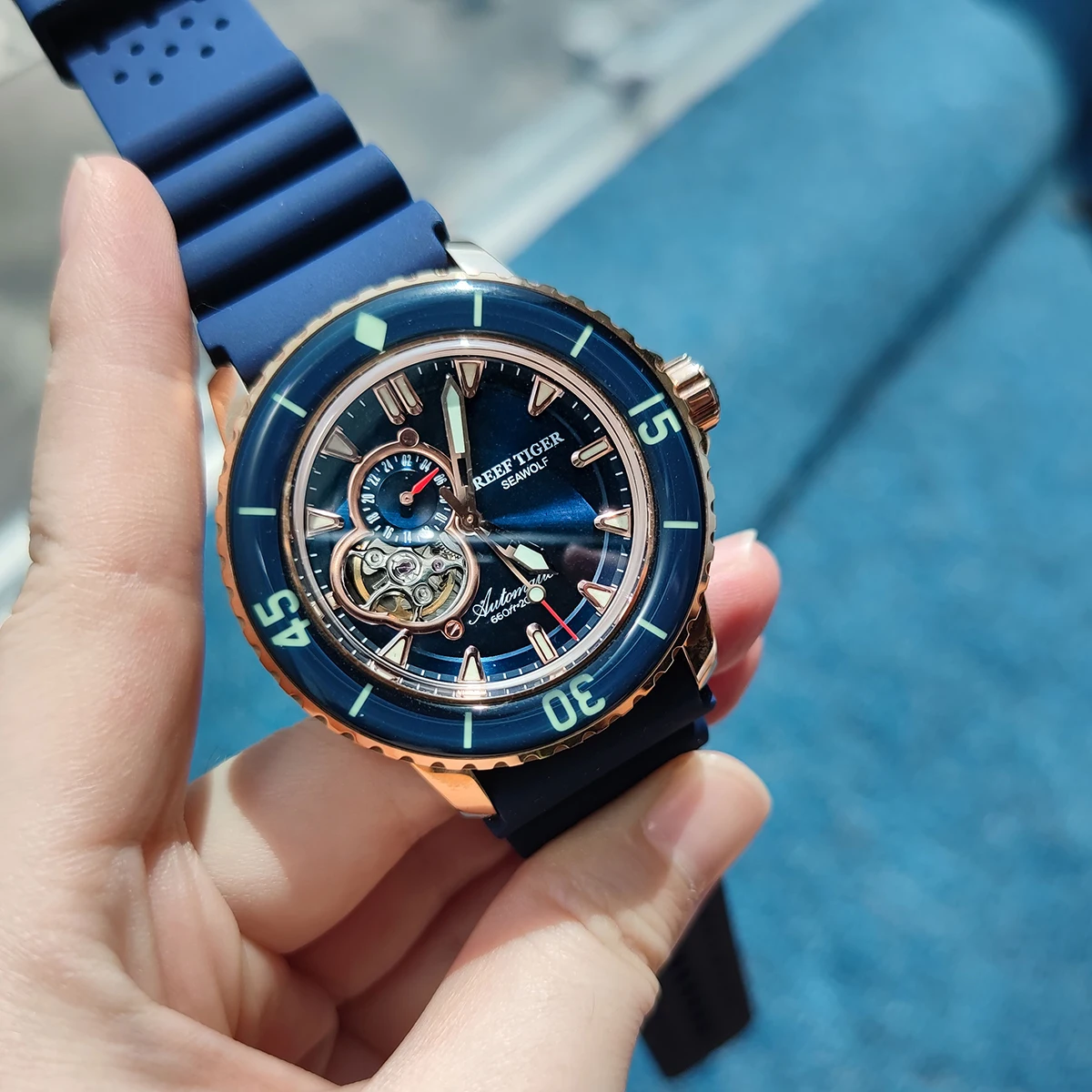 

Reef Tiger/RT Luxury Dive Watches for Men Automatic Rose Gold Blue Watches Rubber Strap Relogio Masculino RGA3039