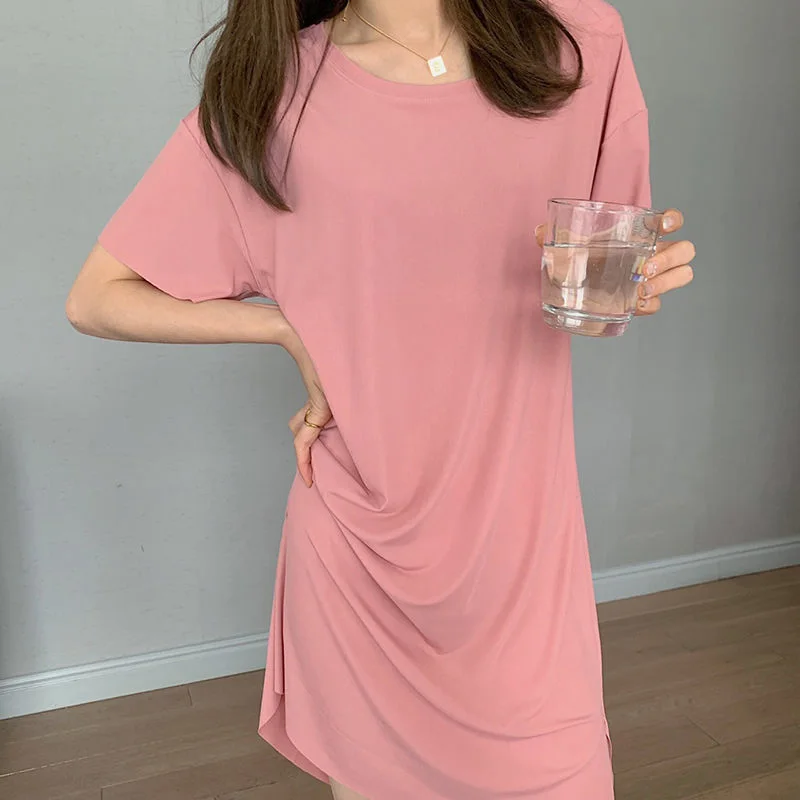 Solid Nightgowns Women Summer Loose Ice Cozy Breathable Knee Length Tees Simple Sleepwear Home Lounge Korean Stylish Nightdress