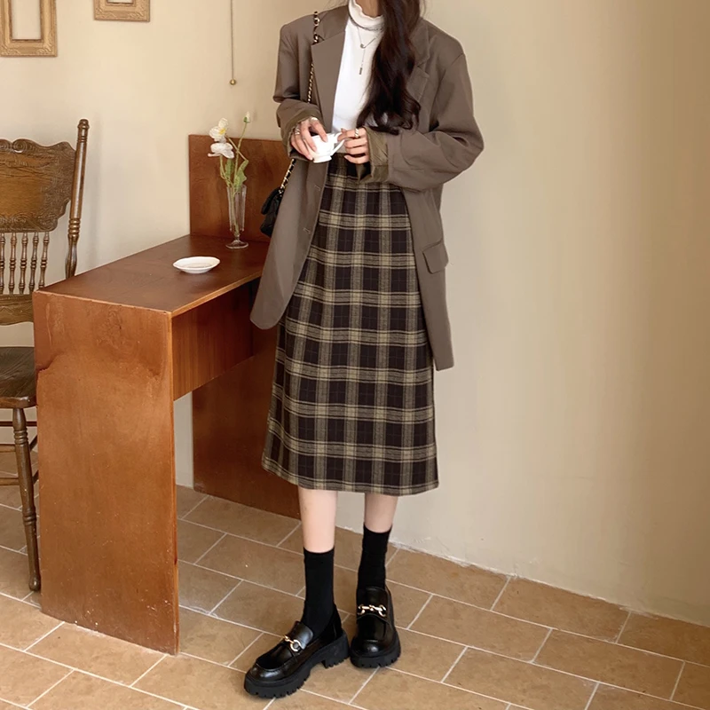 

2colors SML Autumn Female Skirts 2021 Women High Waist long Skirts Back Split Plaid Vintage Straight skirts womens (77035)