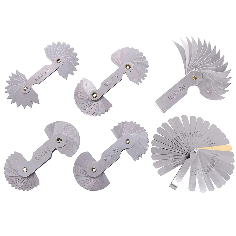 

6 Pcs Stainless Steel Radius Gauge With Feeler Gauge Set Arc Radius Fillet Gauge And 0.04-0.88Mm Space Measure Tool