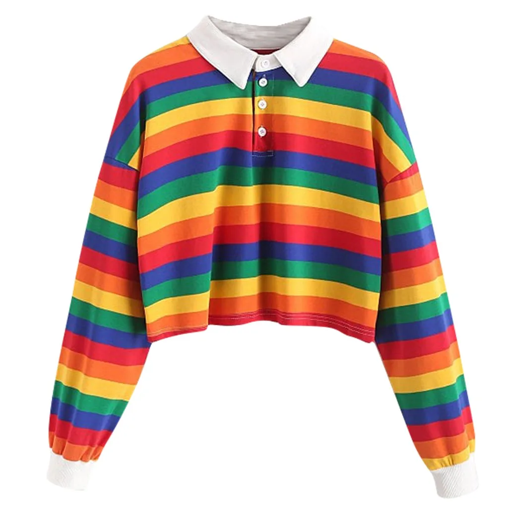 Color Long Sleeve Shirt Womens Stripe Button Long Sleeve Pullover Hoodies Rainbow Cotton Blend Soft Sweatshirt Худи Женский 2021