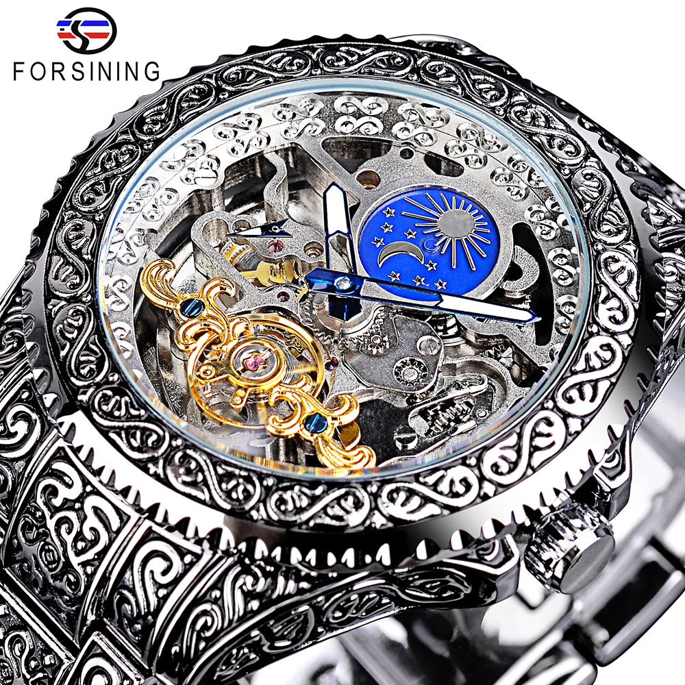 

Forsining Automatic Watches Men's Skeleton Wristwatch With Tourbillon Moon Phase Male Skeleton Dial Watch Stainless steel Band