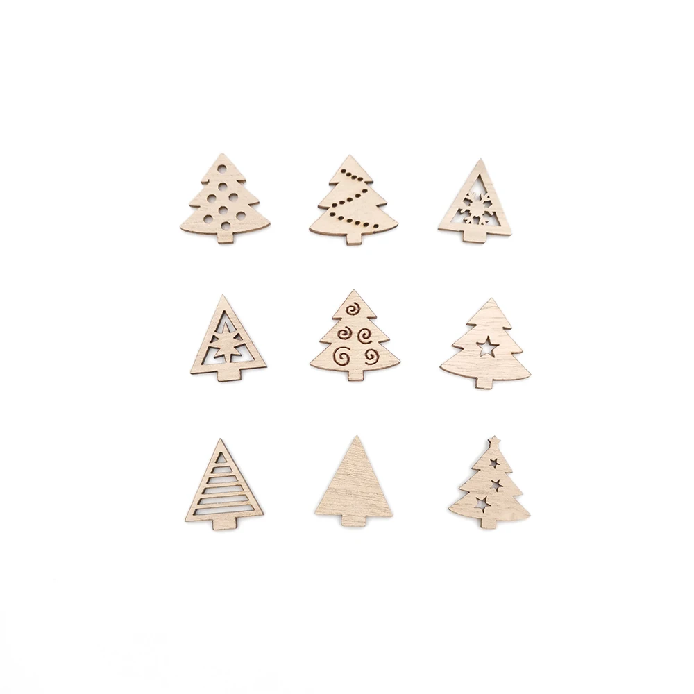 50pcs Christmas DIY Assorted Wooden Xmas Tree Cutouts Craft Embellishment Gift Tag Wood Ornament for Christmas Weding Decor