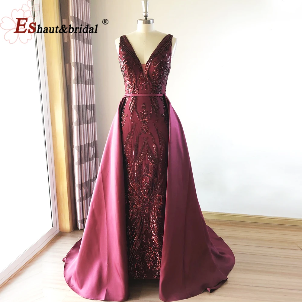 Vestido de noche elegante para mujer, sirena con lentejuelas y tren desmontable, cuello en V, vestidos formales para fiesta de graduación y boda, personalizados, 2024