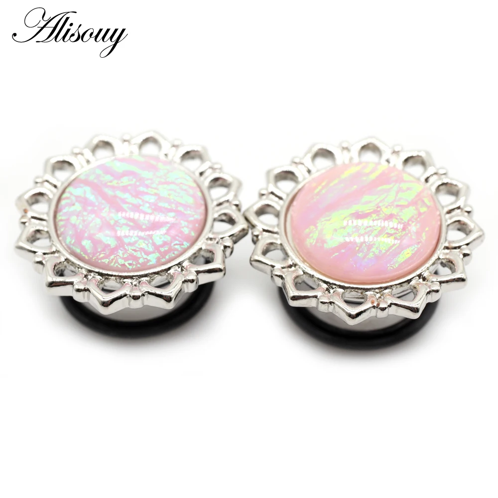 Alisouy 1Pair Natural Pink Opal Stone Ear Plug Guages Tunnels Ear Expander Stretcher Saddle Body Piercing Jewelry 6-16mm