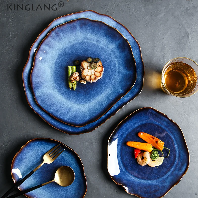 KINGLANG NEW Japanese Ceramic Food Dish Flat Plate Pottery Irregular Dish Dinnerware Dropshipping Wholesale Dishes