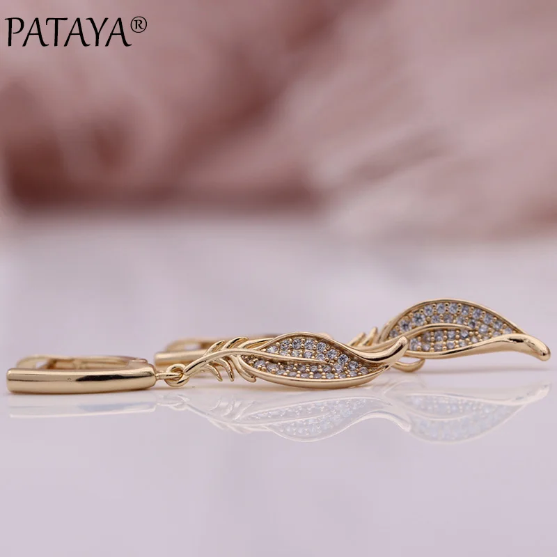 PATAYA New Long Leaf Dangle Earrings Natural Zircon Stereoscopic Women Earring 585 Rose Gold Color Wedding Fine Fashion Jewelry