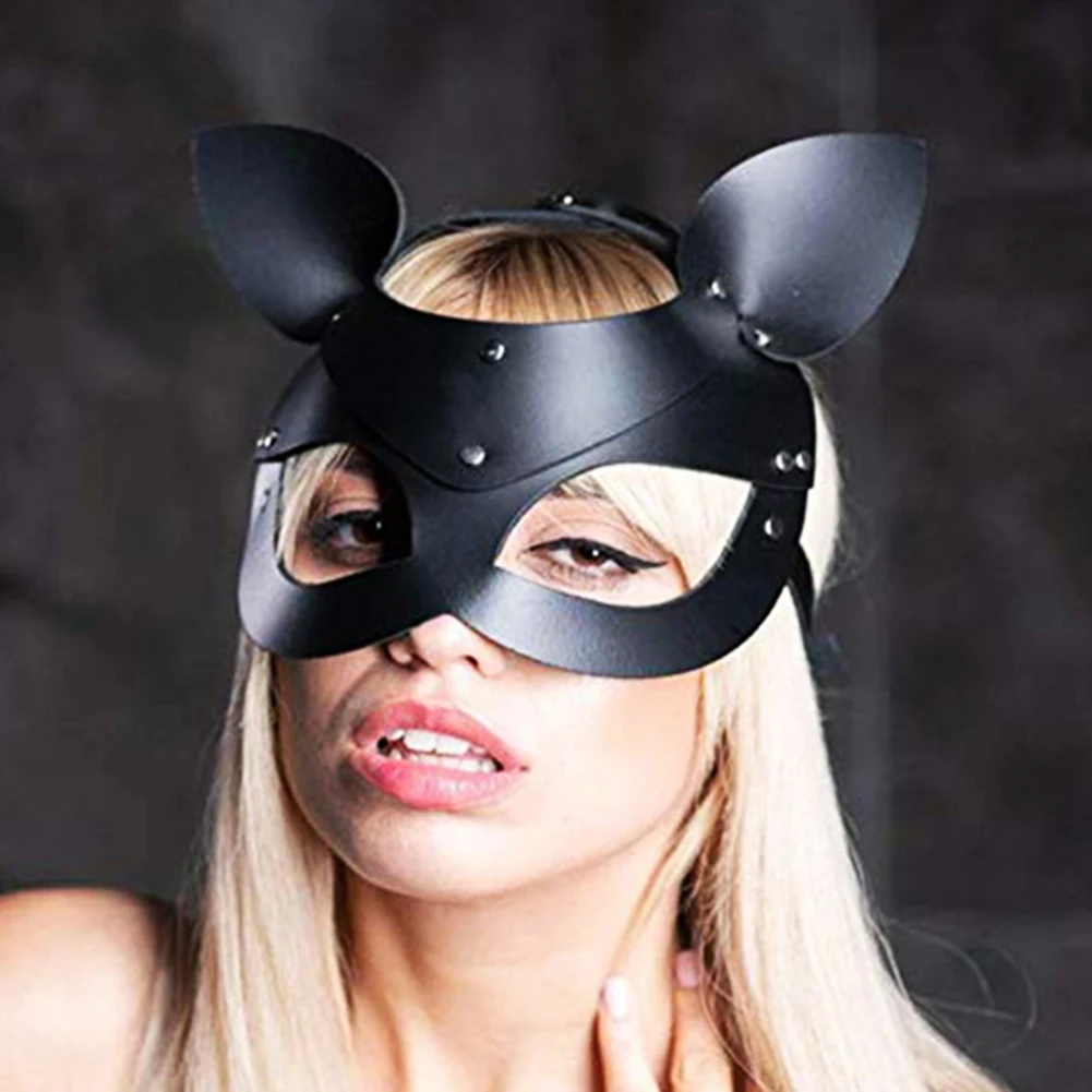 Women Cat Design Faux Leather Half Face Cover Masquerade Halloween Party Props Hollow Out Half Face Cat Design