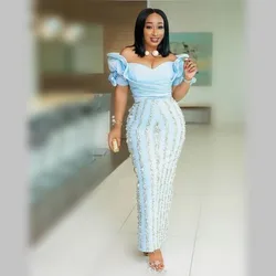 Light Blue Plus Size Evening Dresses Ankle Length Ruffles Short Sleeves Mermaid Prom Dress Beading Appliques African Gowns