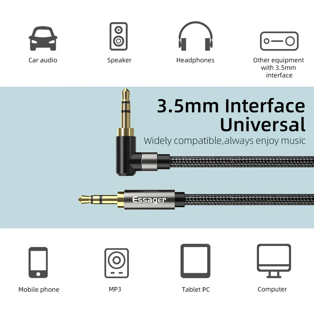 Essager Audio Cable Jack 3.5mm Male to Male Speaker Cord 90Degree Right Angle AUX Cable For Xiaomi Headphone Extension Wire Line