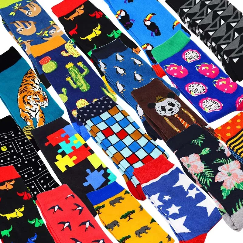 Men Crew Socks Cactus Pattern Hip Hop Happy Art  Cartoon Animal Bird Men Socks Funny Man Casual Harajuku Novelty Calcetines