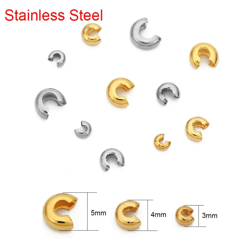 50pcs Gold Color  Stainless Steel End Crimp Beads Cover Dia 2 3 4mm Loose Big Hole Spacer Stopper Beads For Diy Jewelry Making