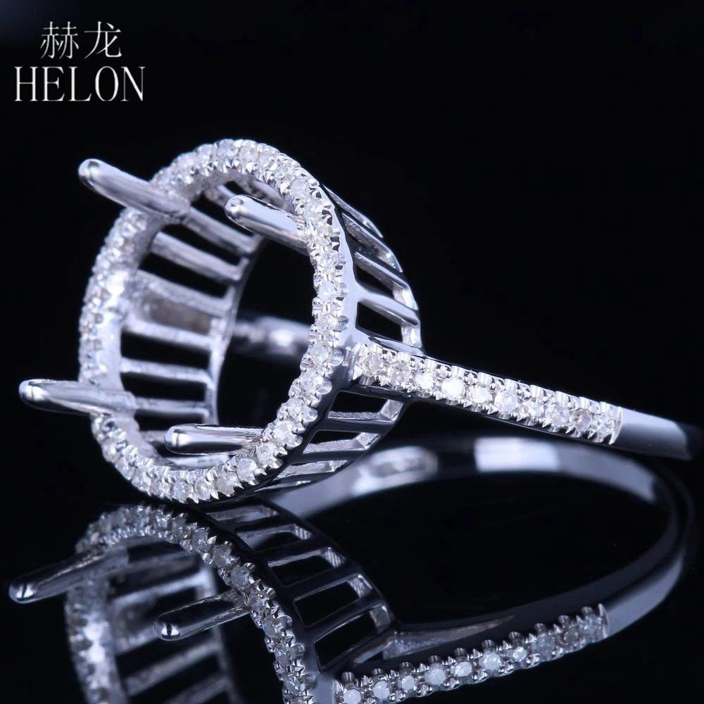 HELON 11-12mm Round Cut Solid 14K White Gold Pave Natural 0.25ct Diamonds Semi Mount Engagement Wedding Ring For Women Best Gift