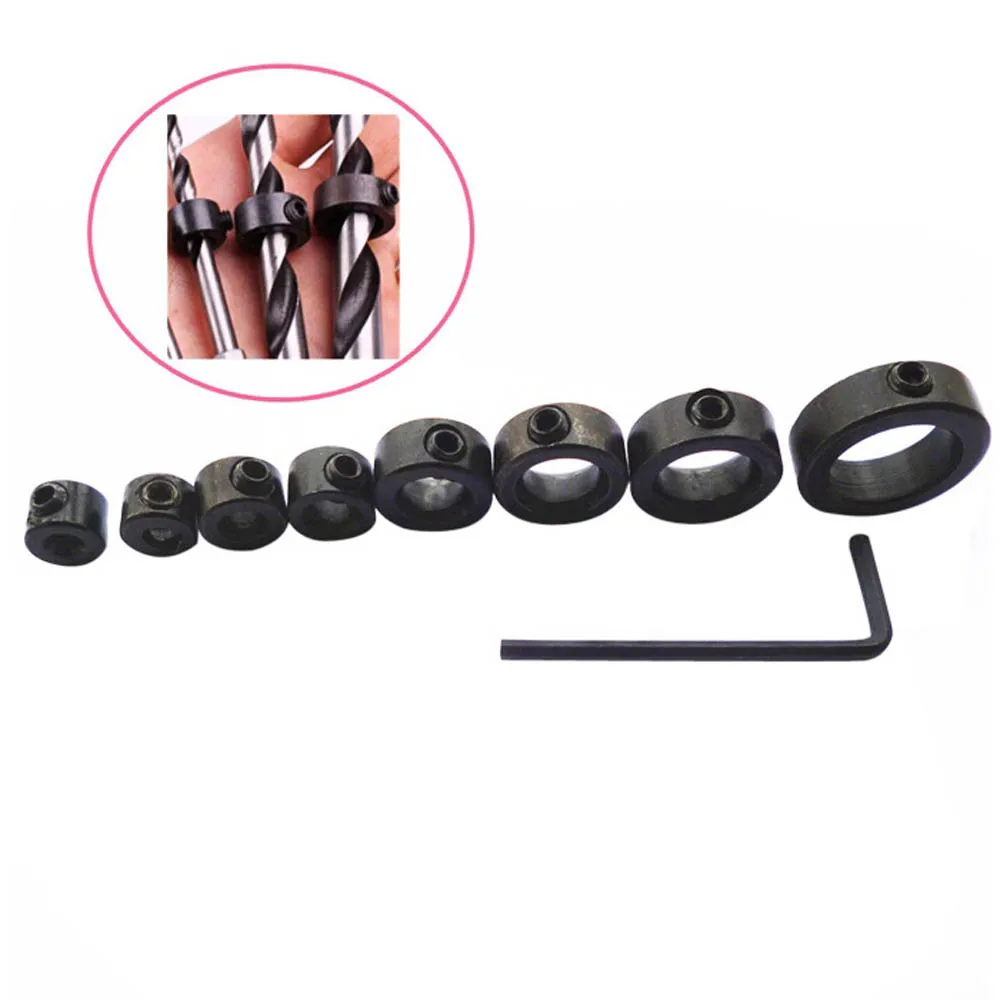 9PCS 3-16 mm Woodworking Drill Bit Shaft Depth Stop Collars limiter Ring Positioner Locator Woodworking Tool Set With Wrench