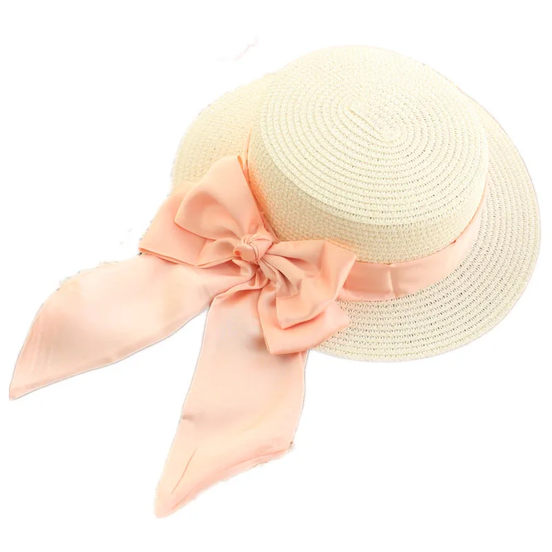 Original Handmade French Elegant Satin Bow Sunhat Lolita Summer All-Match Straw Hat Sun Protection Hat