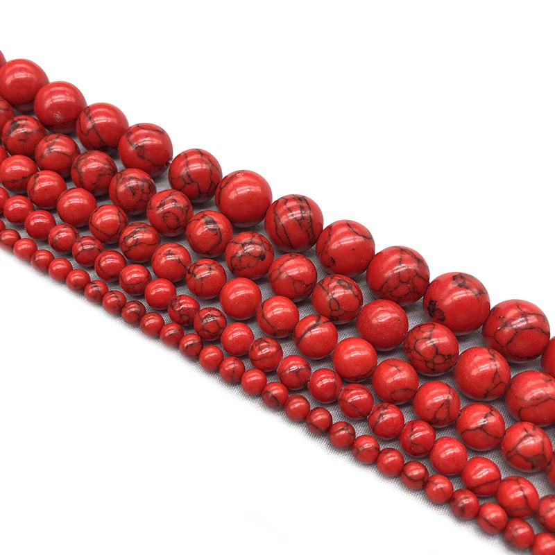 Wholesale Natural Red Howlite Turquoises Stone Round Loose Beads 4 6 8 10 12 Bracelet Fit Diy Charm Beads For Jewelry Making