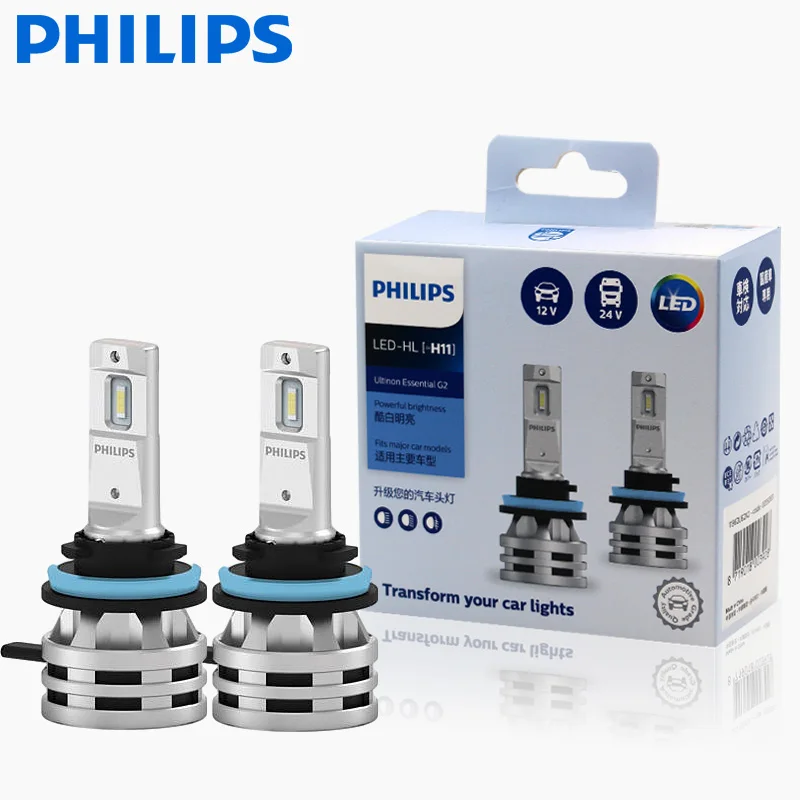 2X Philips Ultinon Essential G2 LED H11 12/24V 24W PGJ19 High Low Beam Fog Lamp Original Bulb 6500K Ultra White Light 11362UE2X2