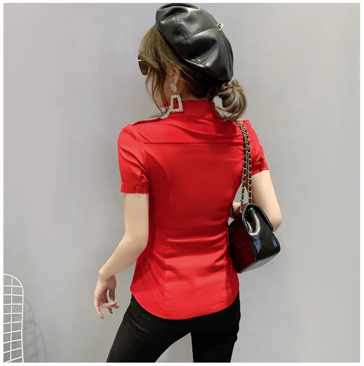 Summer European Clothes Blouse Fashion OL Shoulder Board Sexy Shiny Diamonds With Tie Button Cardigan Tops Shirt 2022 T15006A