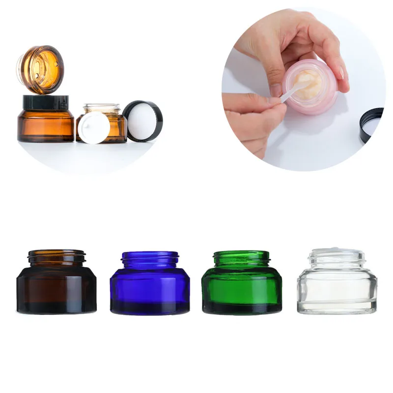 5Pcs 15g/30g/50g Empty Amber Green Glass Refillable Bottles Makeup Jar Pot Travel Face Cream Lotion Vials Cosmetic Containers