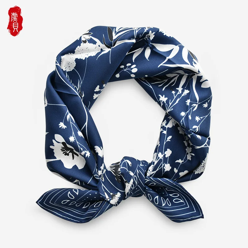 Chinese classic deep blue natrual silk twill scarf women printed flower 100% real silk scarves 65cm square girls wrap lady gift