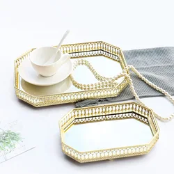 Luxury Golden Iron Delicate Glass Mirror Base Bedroom Desktop Jewelry Storage Tray Bedroom Desktop Cosmetic Decor Organize Plate