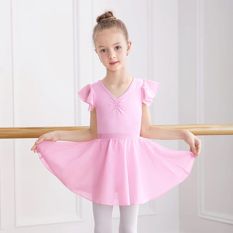 Girls Kids Ballet Leotards Pink Blue Bodysuit Gymnastics Leotards Toddler Dance Dress Soft Dance wear Suit with Chiffon Skirts