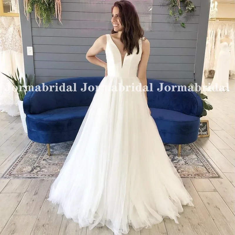 

Simple Boho Wedding Dresses Deep V-Neck Floor Length Tulle Summer Bride Gown A-Line Custom Made White Bridal Dress suknia ślubna