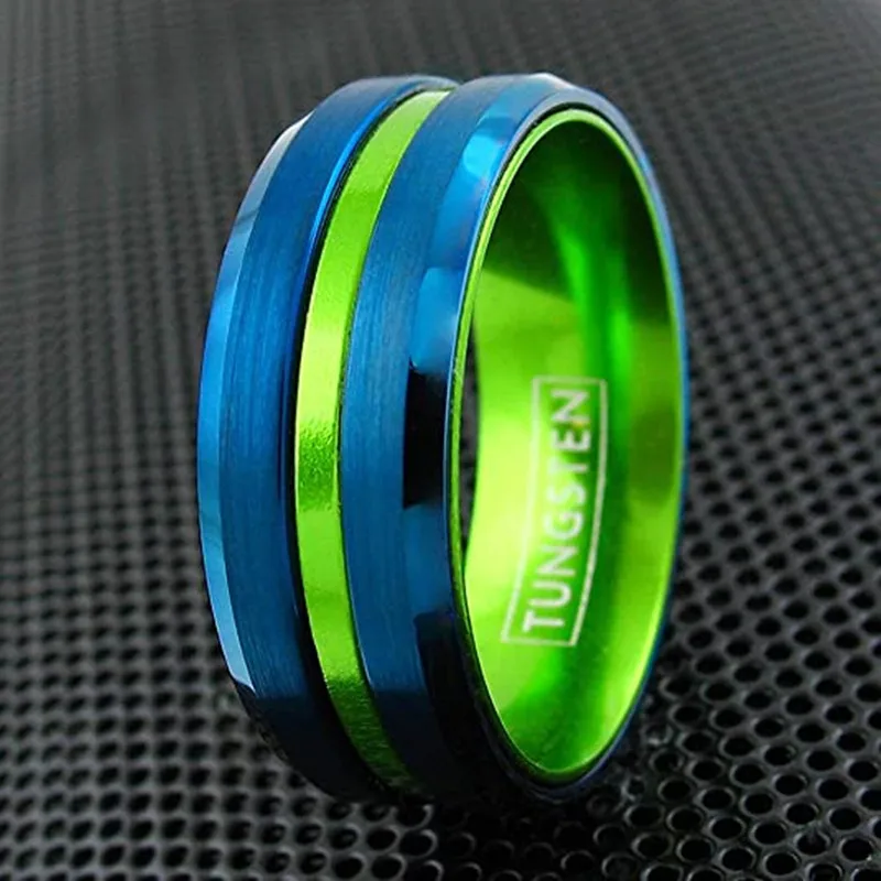 6mm/8mm Tungsten Carbide Bands Royal Blue Brushed Satin Finish Lime Green Recessed Stripe Anodized Aluminum Inner Wedding Ring