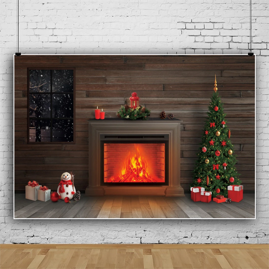 Laeacco เตาผิง Christmas Tree ไวนิลพื้นหลังไม้บอร์ดเด็กชั้นเด็กภายในการถ่ายภาพโปสเตอร์ฉากหลัง Photo Studio