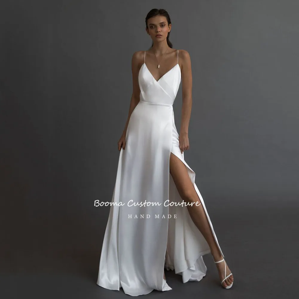 Vestidos de novia blancos simples con cuello en V, Sexy, tirantes finos, abertura lateral hasta el muslo, satén suave, línea A, vestidos de novia