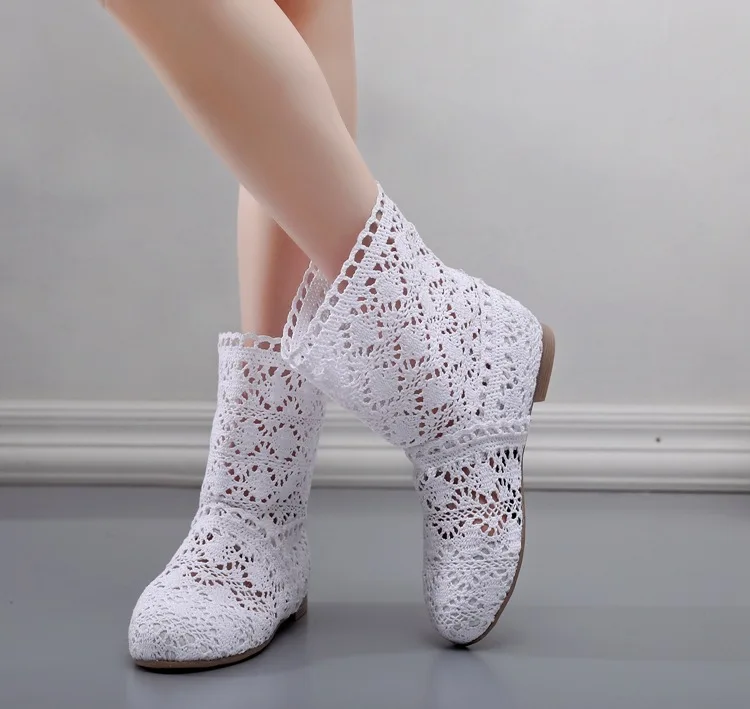 Spring and autumn knitted hollow boots flat bottom mesh new low tube breathable fashion white black boots women\'s summer shoes