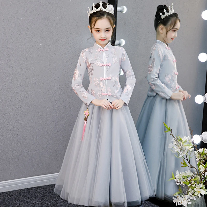 Grau Kind Prinzessin Party Durchführung Spitze Stickerei Kleider Geburtstag Mädchen Kleider qipao moderne vestidos de festa chinos