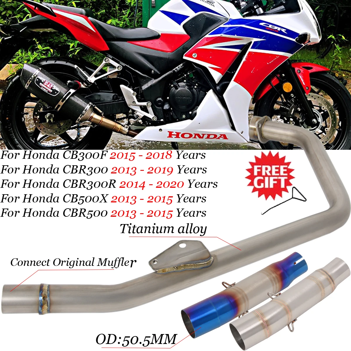 Motorcycle Exhaust Escape Moto Slip On for Honda Cb300R Cbr300 Cb300F 2014 - 2020 Front Mid Link Pipe Connect 51Mm Muffler