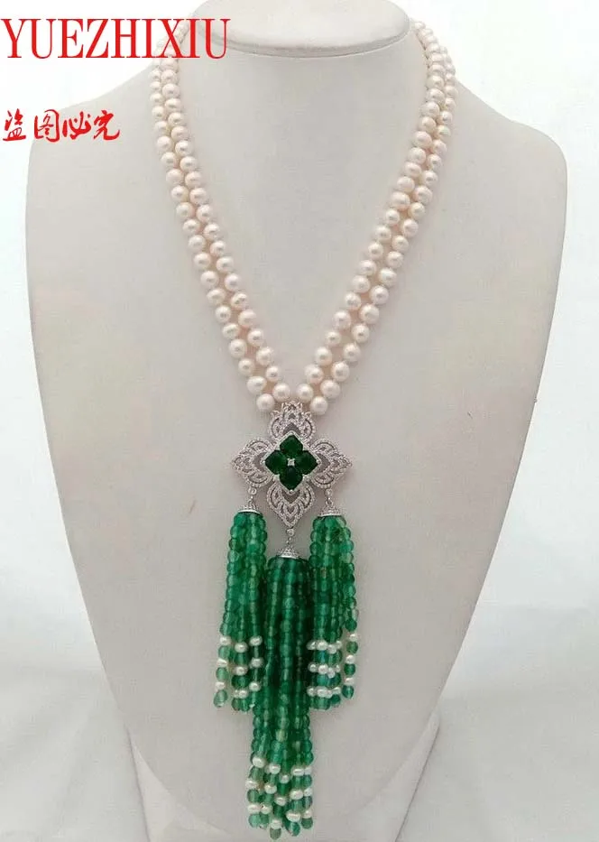 2strds White 7-8mm freshwater Pearl & Green jade Necklace 925 Silver Pave inlay zircon tassel