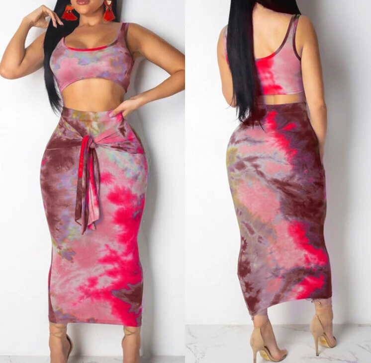 2 sztuk zestaw damski ubrania Crop Top bez rękawów Bandaged Tie-dye drukuj kamizelka Top + spódnica panie lato moda Streetwear Clubwear