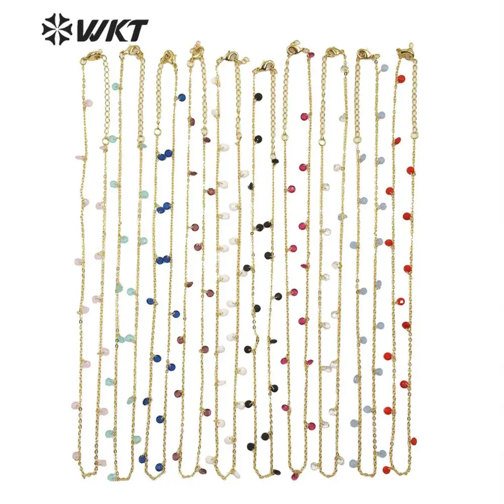 

N1203 lady fashion handmake crystal charm necklace gold color brass with bead charm chain necklace