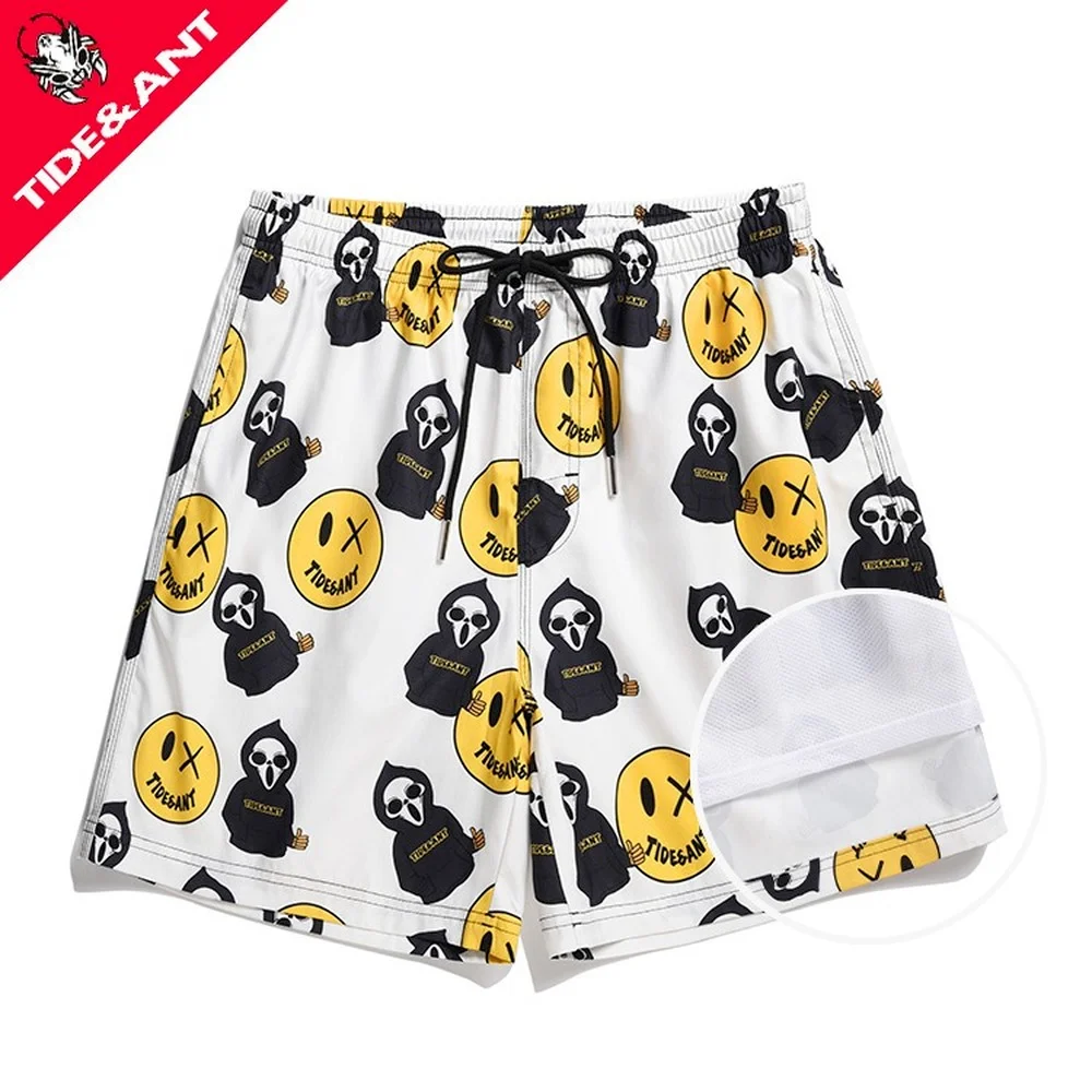 Homens verão Drawstring Smiley impressão calções de praia, calção de natação, boxer surf, maiô, roupa de banho