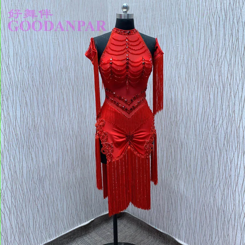 Latin dance dress  competition fringe Latin dancewear for girls Latin dance costume with beads tube ChaCha dance dress GOODANPAR