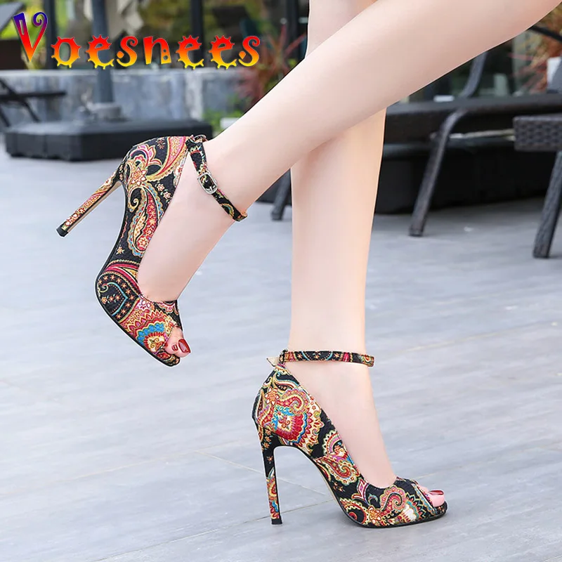 Voesnees Women Pumps 2021 Fashion Fish Mouth Ethnic Printing Open Toe Large Size High Heel Shoes 11CM Female Catwalks Stilettos