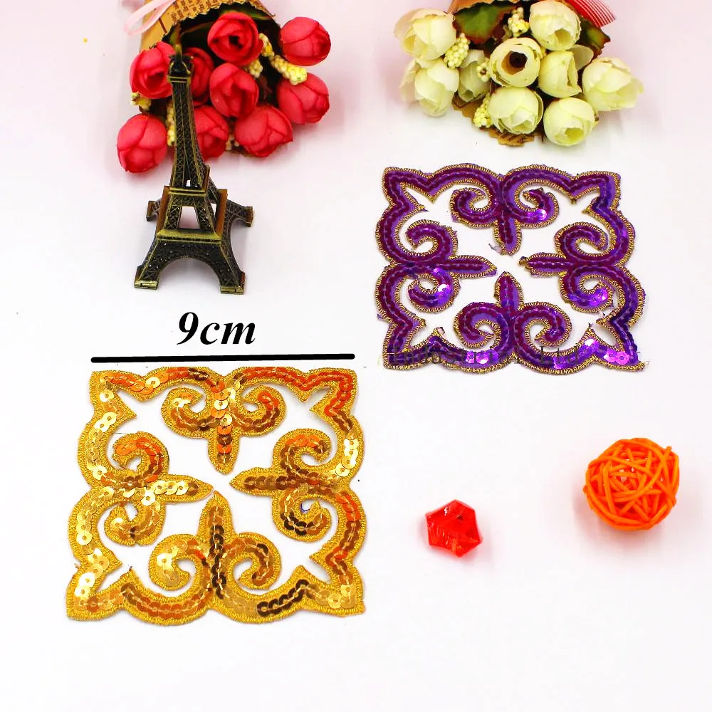 1 Piece Sequined Flower Patches Squared Iron on Applique Padded Costume Trims 9cm*9cm