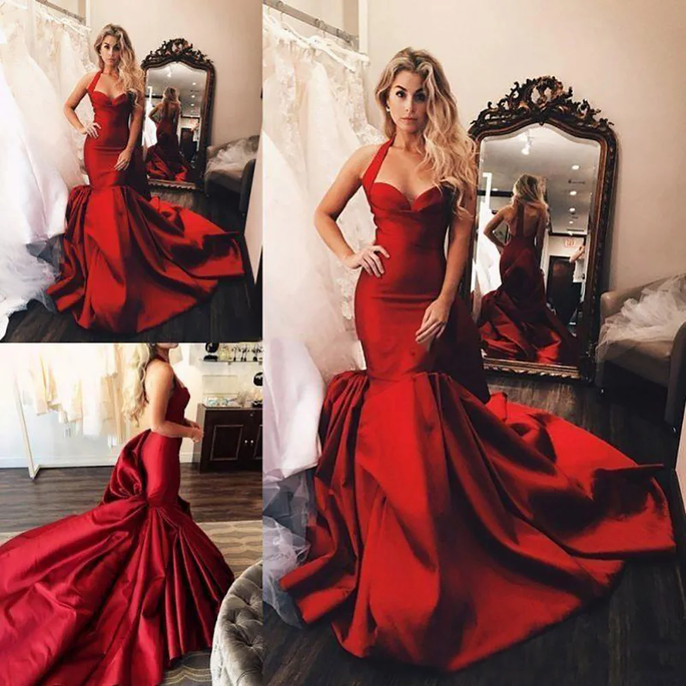 

New Red Evening Dresses Girls Pageant Sweetheart Sleeveless Prom Party Gown Satin Lace up Sweep Train Custom Formal Dress