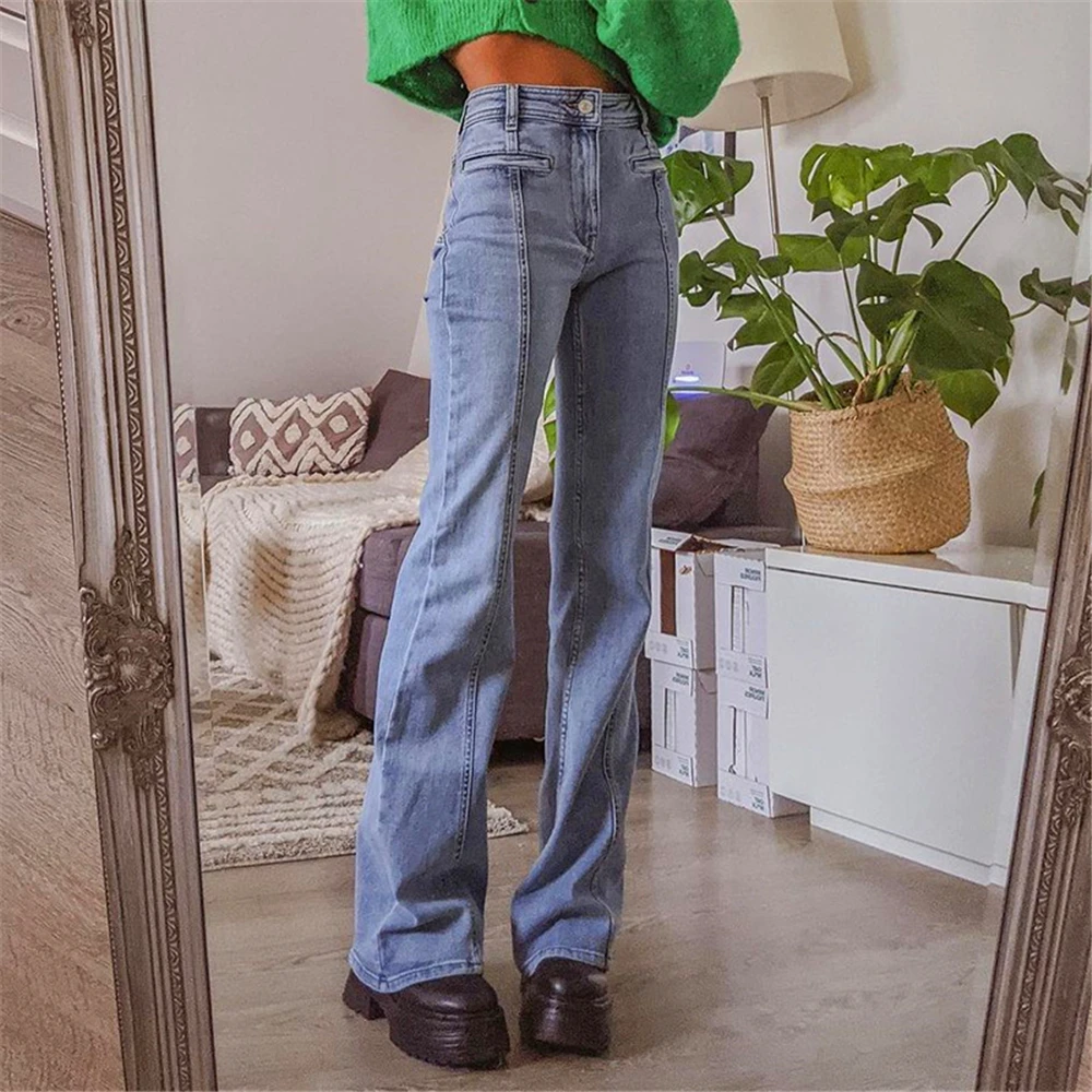 Women Spring Personality Buttocks Star Patchwork Casual Denim Flare Pants Trousers High Waist Flared Jeans