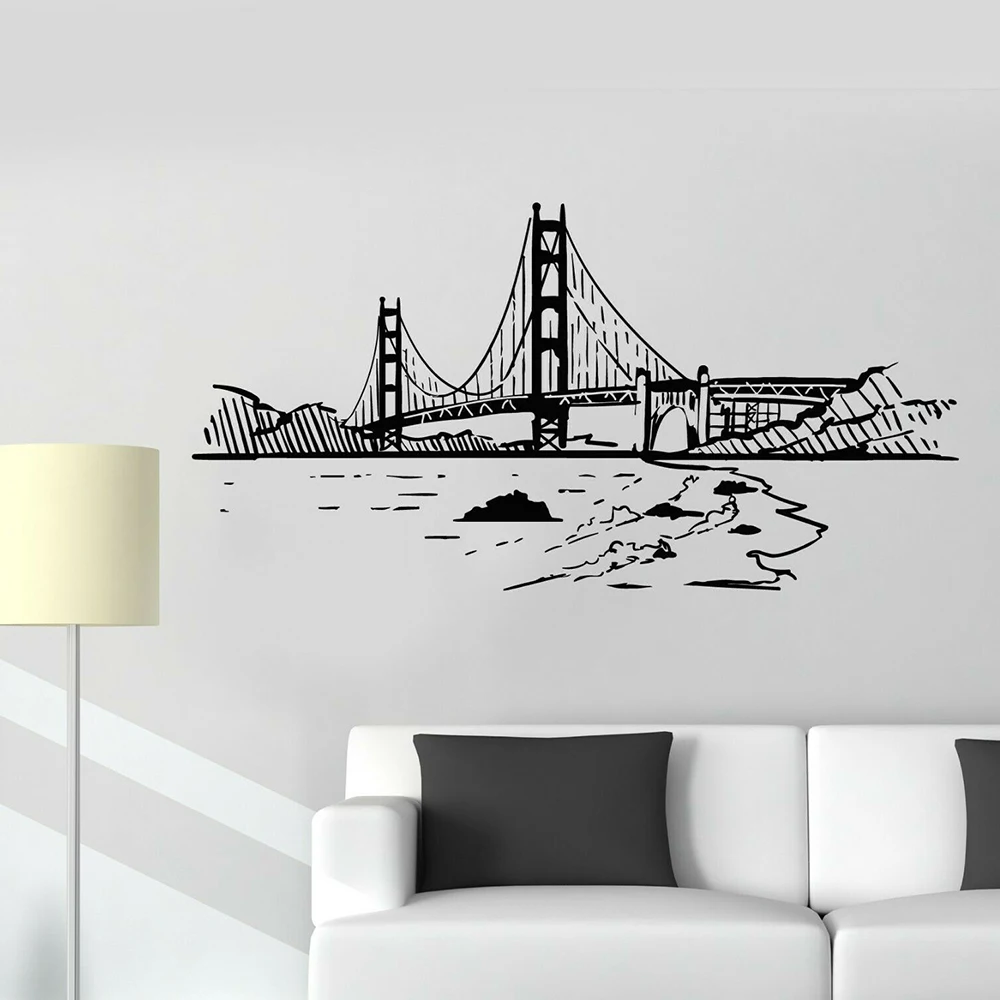 Building Vinyl Wall Decal Golden Gate Bridge Skyline San Francisco Stickers Mural City Landmark Stickers for Living Room P676