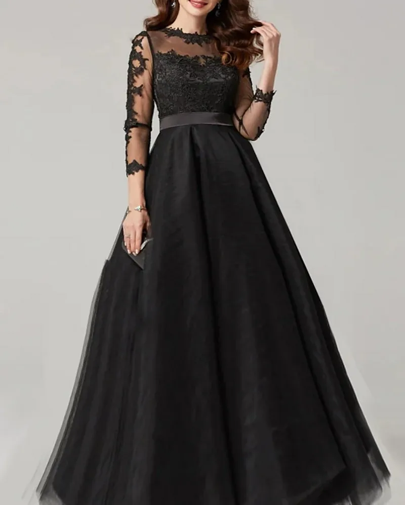 Robe De Soirée noire élégante, Illusion De bijoux, col à manches 3/4, avec des Appliques en dentelle, Robe De bal