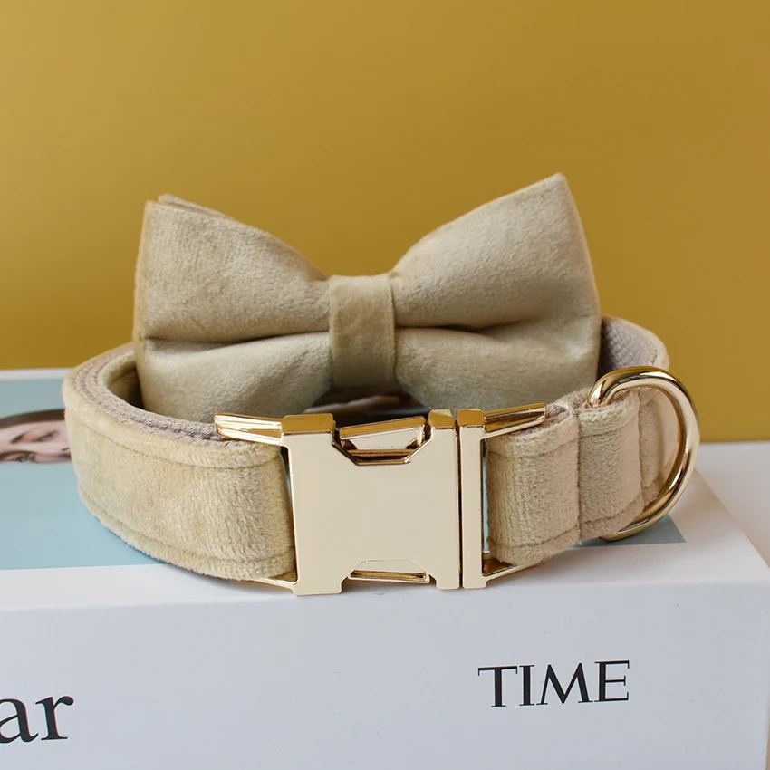 Free Engrave Fabric Dog Collar Leash Set For Medium Big Pet Necklace With Bow Tie Khaki Velvet Name Necklace Flannelette 09