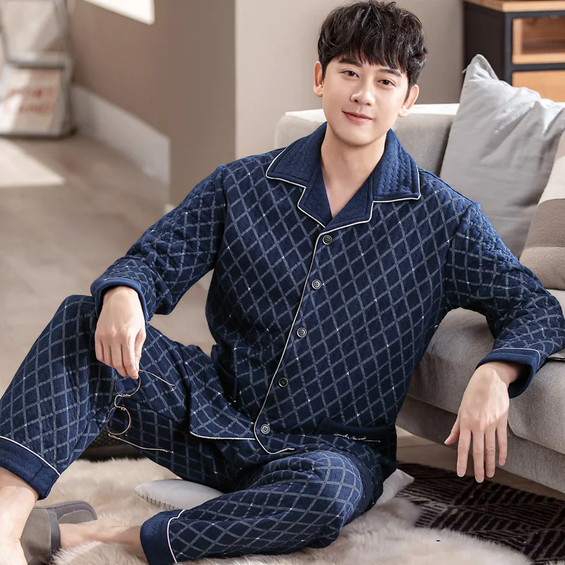 

Winter Striped Men Air Cotton Pajamas Set Long Sleeve Turn-down Collar Sleepwear Loose Soft M-4XL Male Lounge Homewear