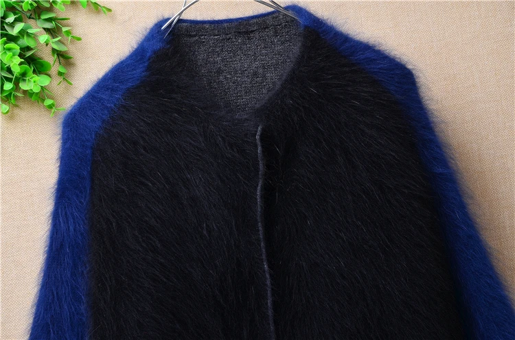 Thick winter long coat women loose patchwork hairy angora rabbit fur knitted o-neck long sleeve cardigan female jackets sweater